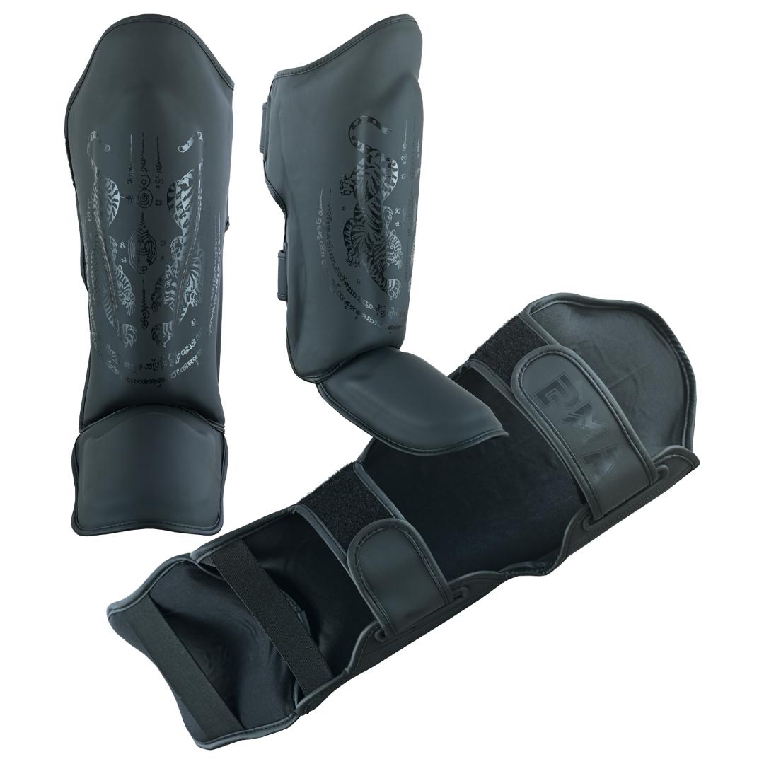 Childrens Muay Thai Twin Tiger Shin Instep Guards - Black