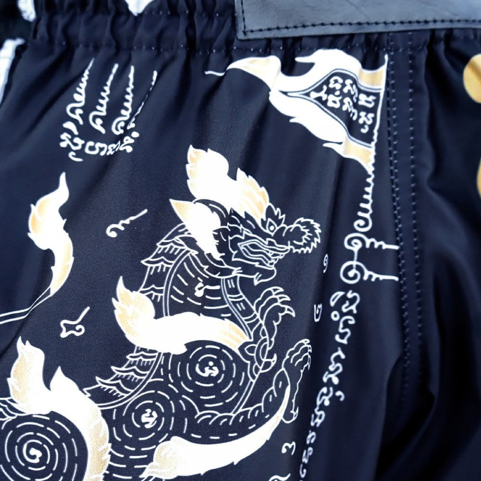 TUFF Retro Black Singha Yantra War Flag Muay Thai Shorts