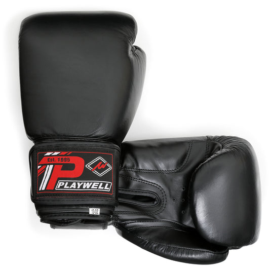 Boxing Gloves Leather - With Free Boxing Wraps - Black