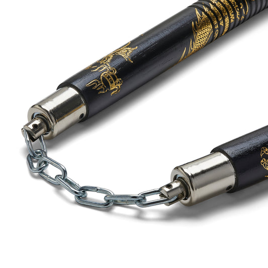 Black Wooden Gold Dragon Nunchucks Chain (SF-95) - 12" - NEW