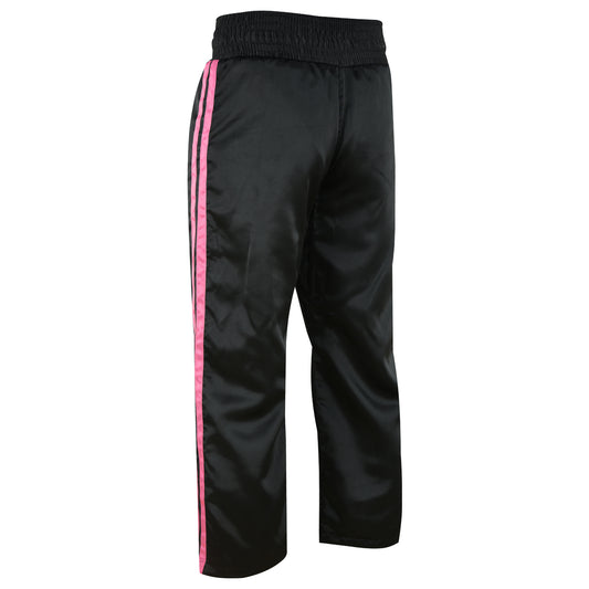 Ladies Black Satin Kickboxing Trouser - With 2 Pink Stripes
