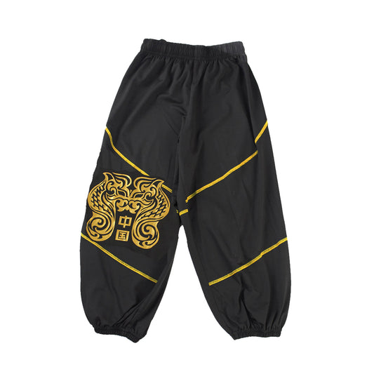 Wushu Black Microfibre Training Pants - Black/Gold