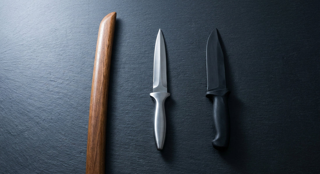 Three training weapons — wooden, metal, and rubber — arranged side by side on a dark slate surface under clean studio lighting.