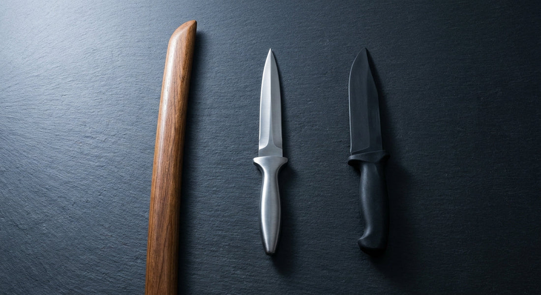 Three training weapons — wooden, metal, and rubber — arranged side by side on a dark slate surface under clean studio lighting.