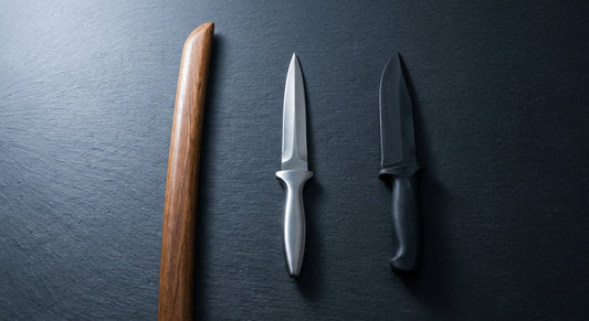 Three training weapons — wooden, metal, and rubber — arranged side by side on a dark slate surface under clean studio lighting.