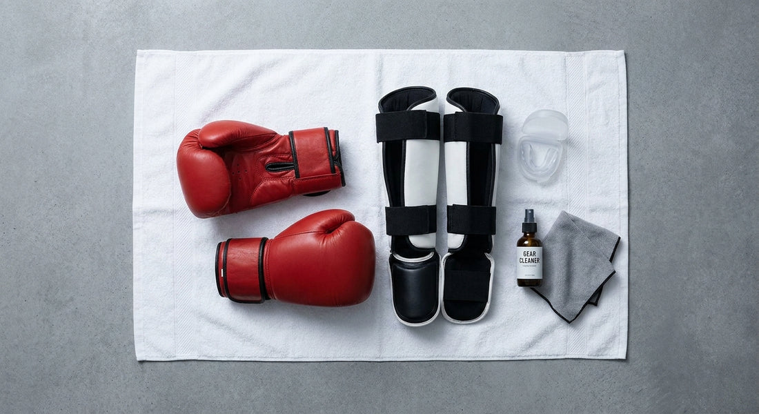 A flat lay of clean martial arts gear including boxing gloves and shin guards arranged on a white towel alongside a spray bottle and microfibre cloth.