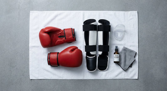 A flat lay of clean martial arts gear including boxing gloves and shin guards arranged on a white towel alongside a spray bottle and microfibre cloth.
