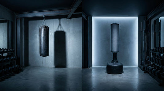 A side-by-side view of a hanging punch bag and a freestanding punch bag in a moody, professionally lit gym space.