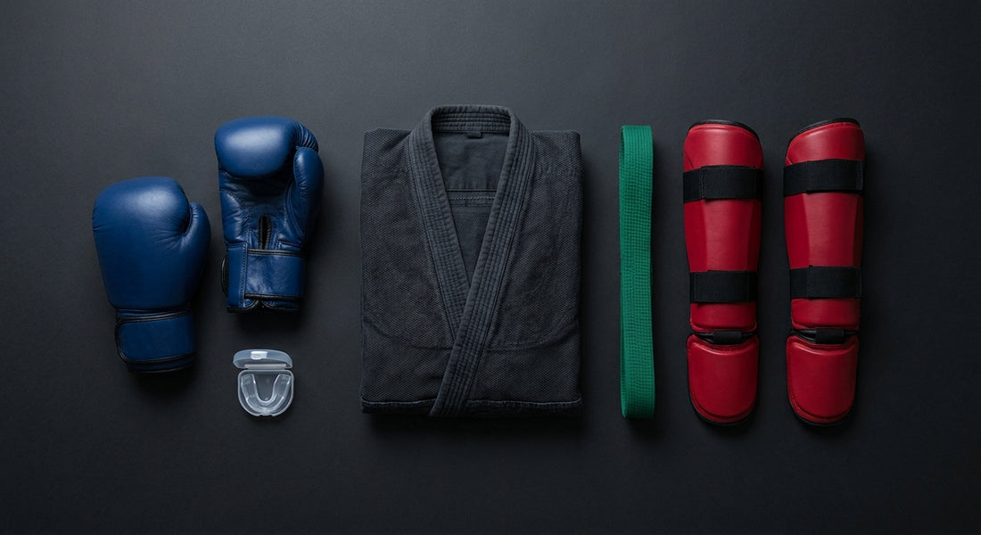 An overhead flat-lay of diverse martial arts equipment including boxing gloves, a gi, a belt, shin guards, and a mouthguard arranged on a dark matte surface.