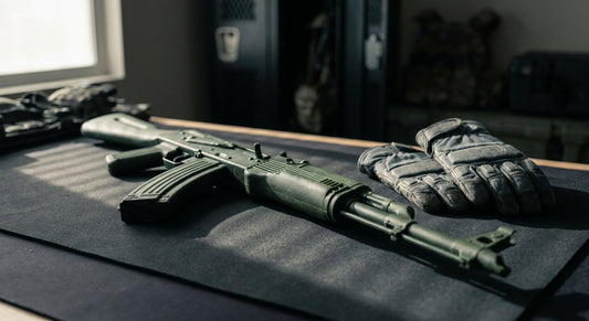 A rubber AK-47 training rifle laid on a dark tactical mat alongside protective training gloves, lit dramatically to highlight texture and form.