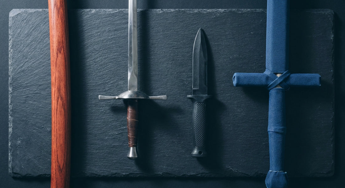 Four training weapons made from different materials — wood, metal, rubber, and foam — arranged in a symmetrical flat lay on a dark slate surface under studio lighting.