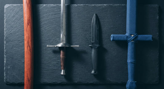 Four training weapons made from different materials — wood, metal, rubber, and foam — arranged in a symmetrical flat lay on a dark slate surface under studio lighting.