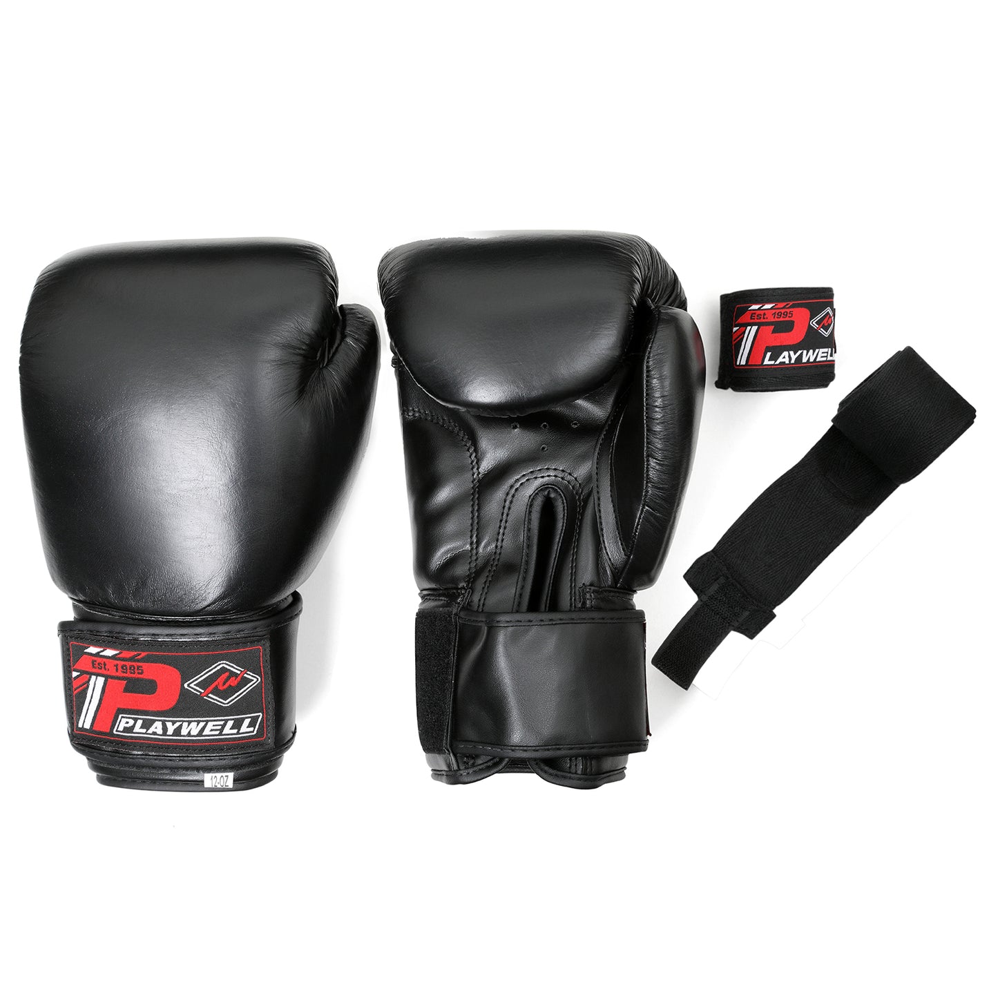 Boxing Gloves Leather - With Free Boxing Wraps - Black - 4oz
