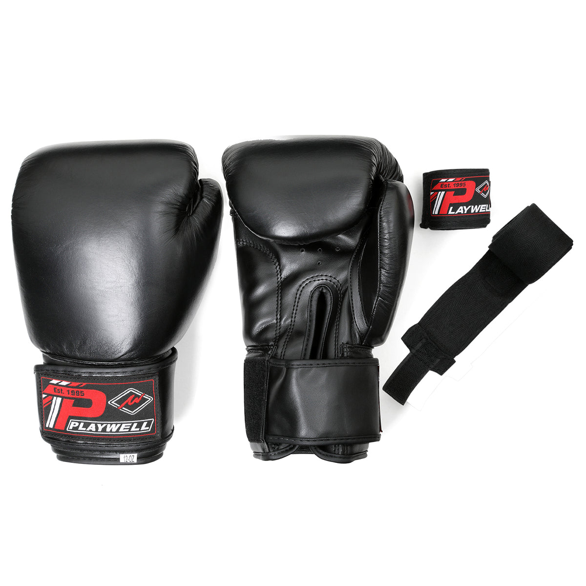 Boxing Gloves Leather - With Free Boxing Wraps - Black - 4oz