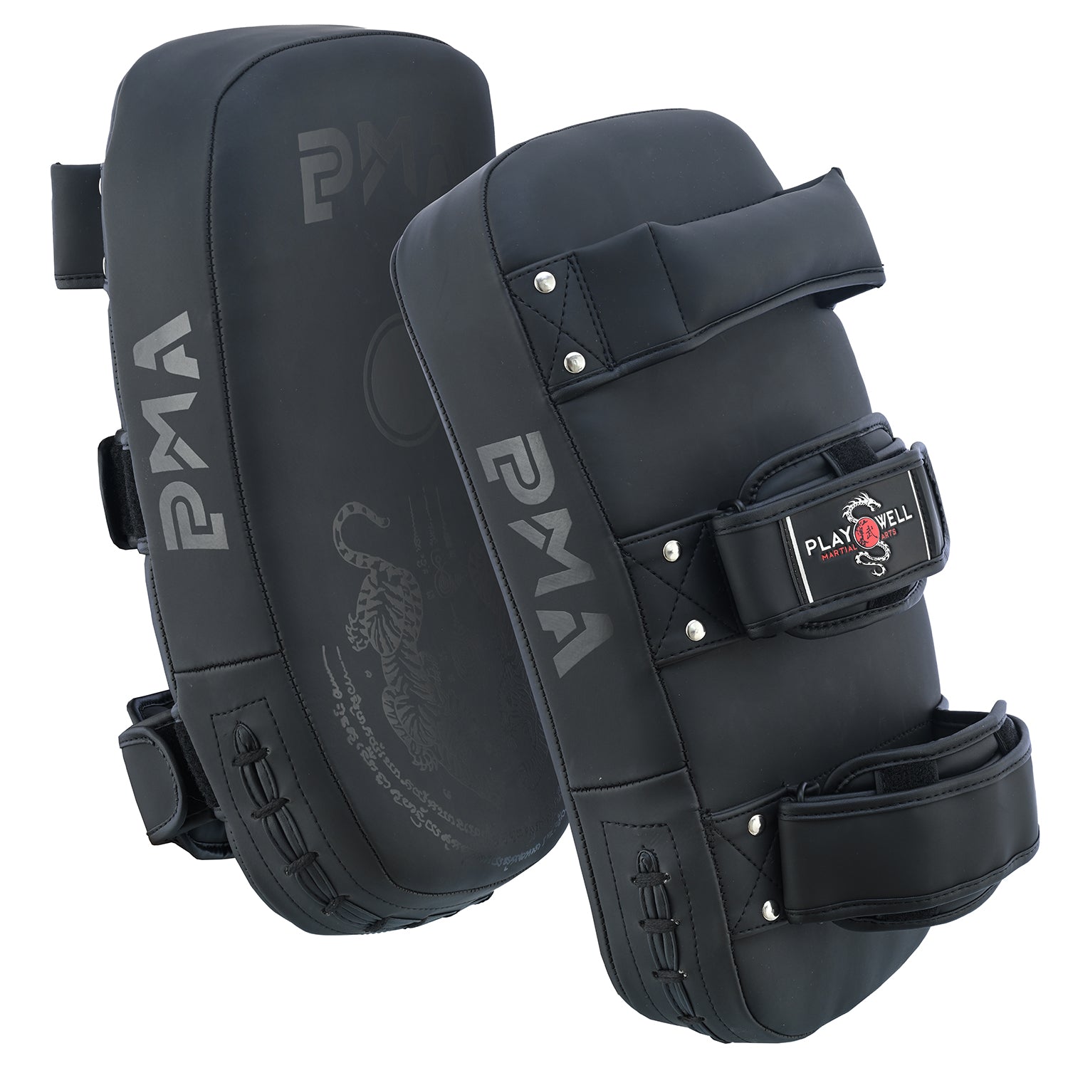 Playwell Matte "Twin Tiger" Curved Thai Pad - Black - Pair