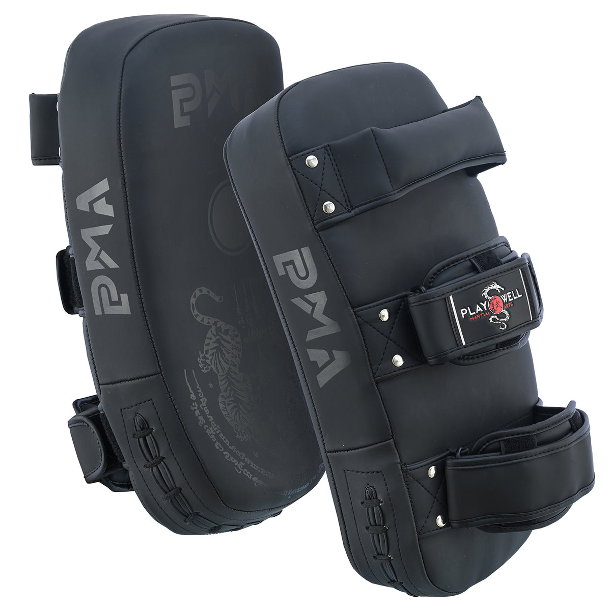 Playwell Matte "Twin Tiger" Curved Thai Pad - Black - Pair