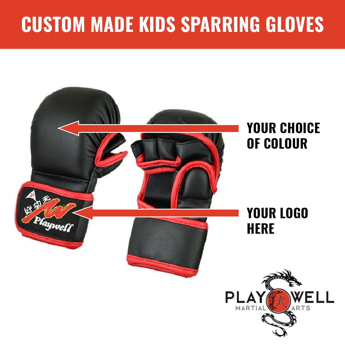 Custom Made Martial Arts Kids  MMA Sparring Gloves  - Your Logo