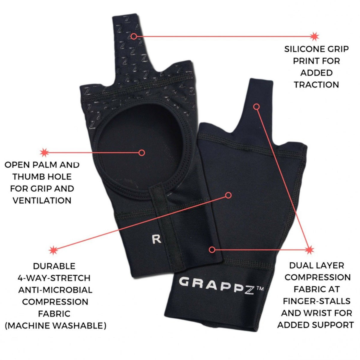 قفازات Grappz - بديل لشريط الأصابع، قفازات ضغط للمصارعة، الإصدار الثاني