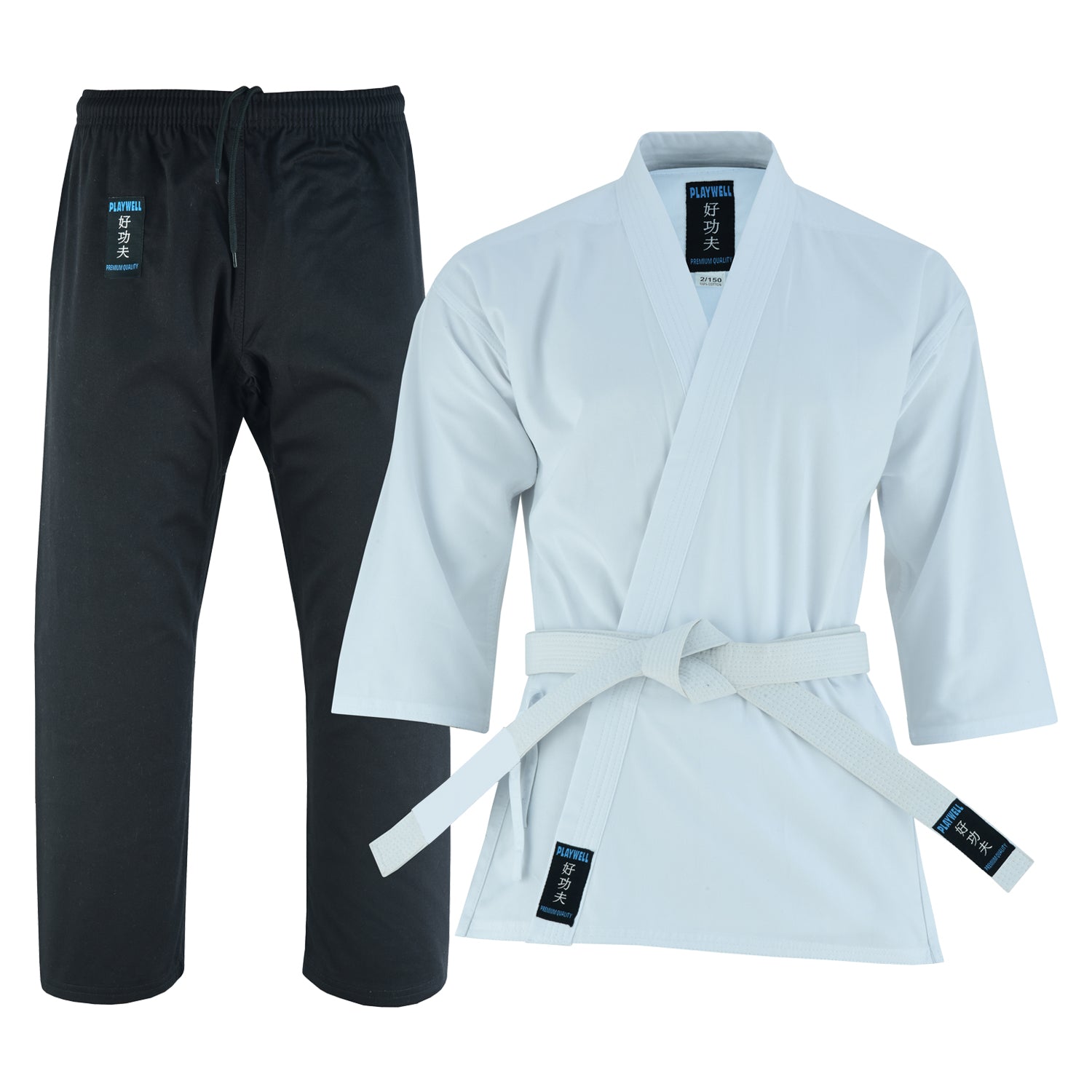 Karate Uniform Mixed Childrens: White / Black Trousers  - 9oz