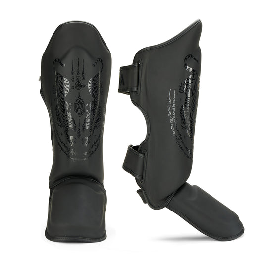 Childrens Muay Thai Twin Tiger Shin Instep Guards - Black