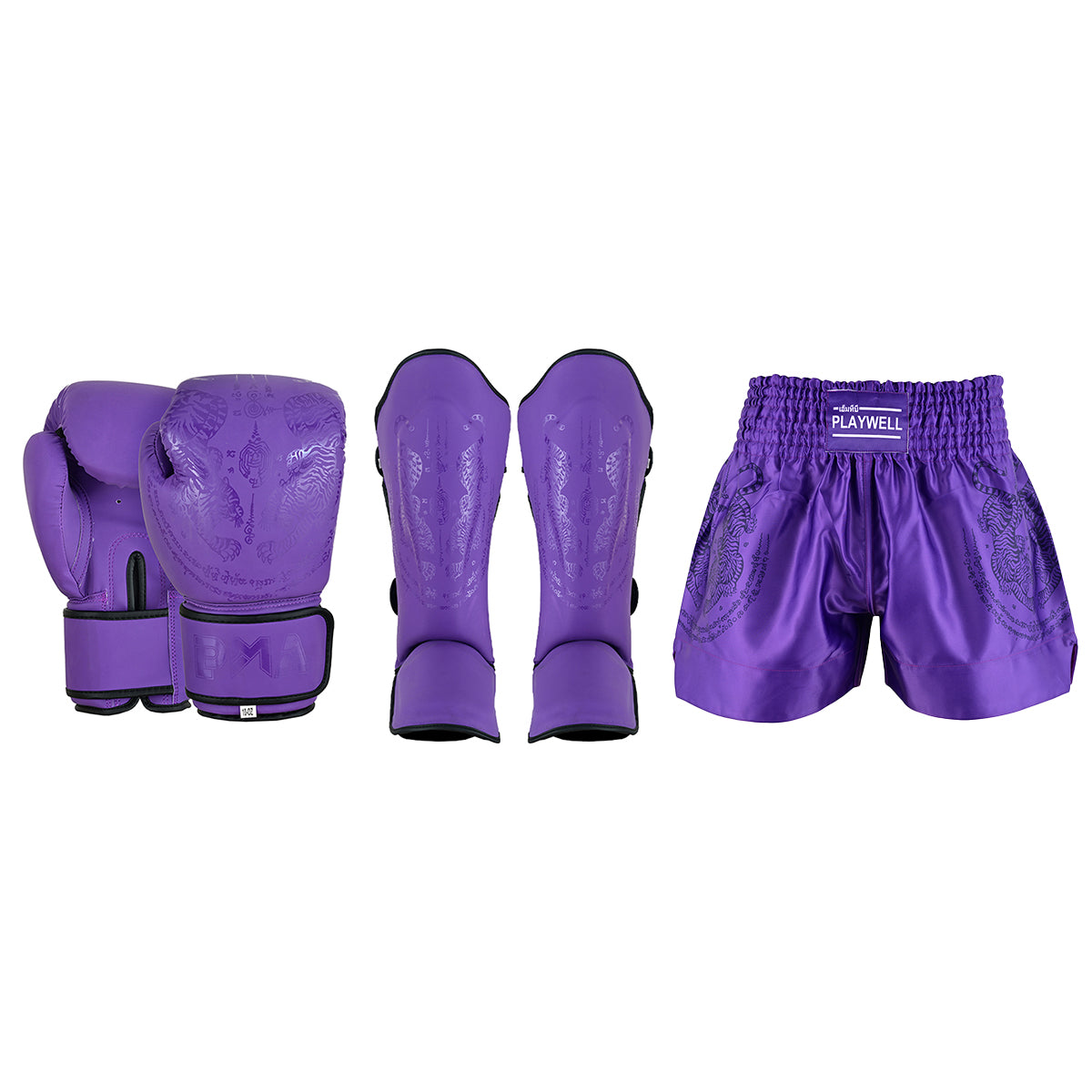 Twin Tigers Muay Thai Boxing Gloves, Shin Pads & Shorts - Purple