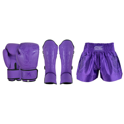 Twin Tigers Muay Thai Boxing Gloves, Shin Pads & Shorts - Purple