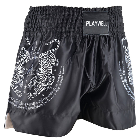 Twin Tiger Satin Muay Thai Competition Fight Shorts - Black/Whit