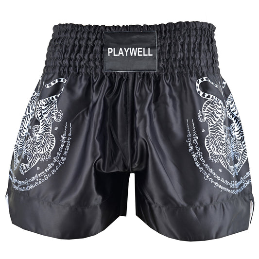 Twin Tiger Satin Muay Thai Competition Fight Shorts - Black/Whit