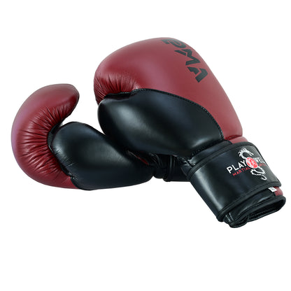 PMA Leather Muay Thai Boxing Gloves & Shin Pads Set - Maroon/Bla