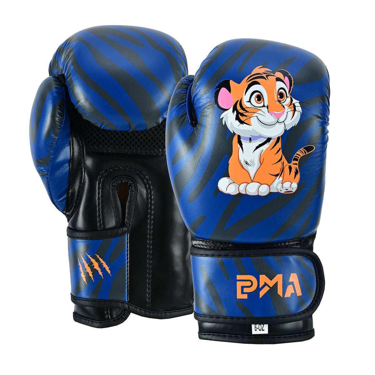 PMA Kids Blue Tiger Muay Thai Boxing Gloves & Shin Pads Set