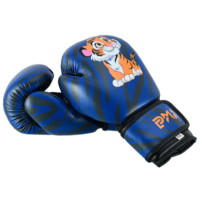 PMA Kids Blue Tiger Muay Thai Boxing Gloves & Shin Pads Set