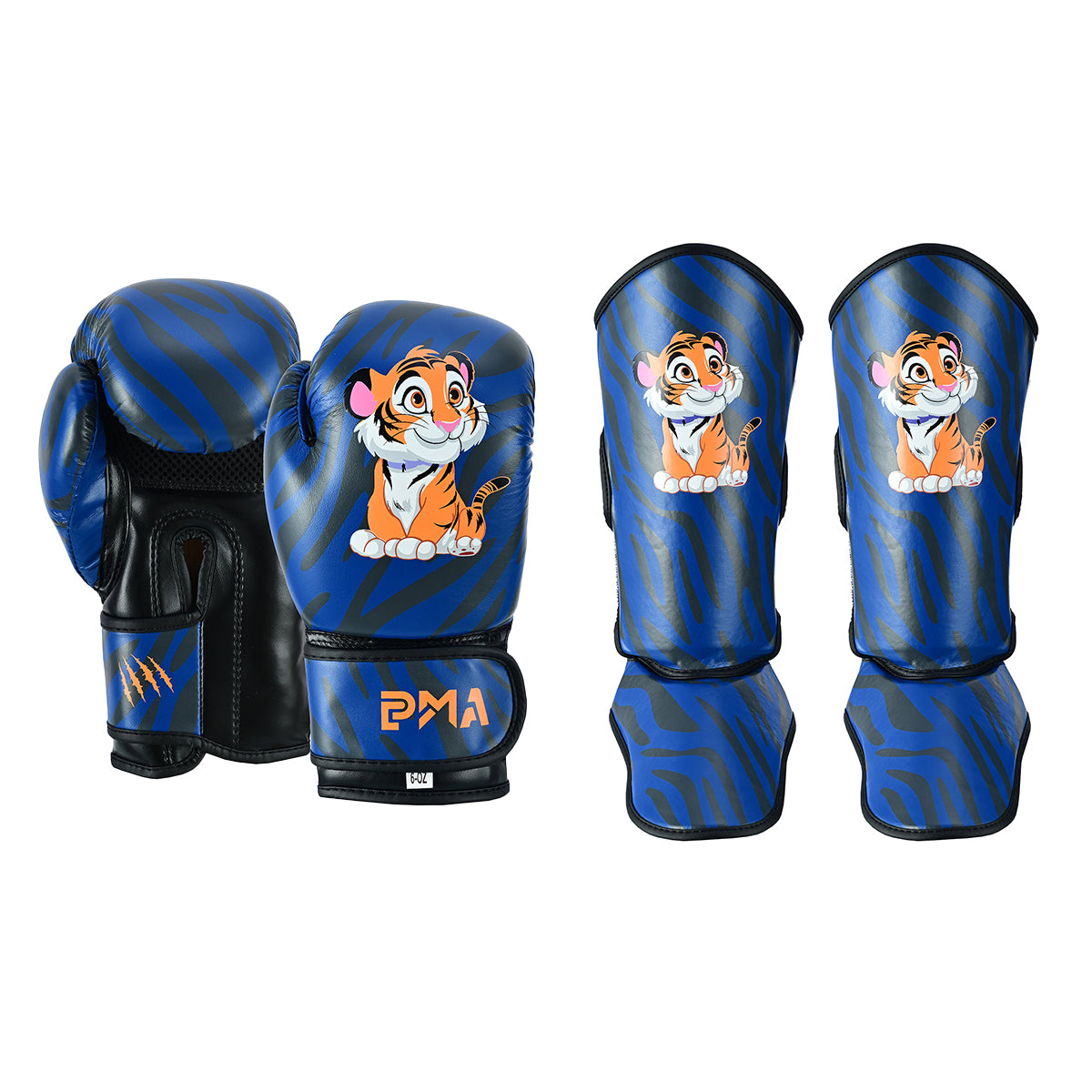 PMA Kids Blue Tiger Muay Thai Boxing Gloves & Shin Pads Set