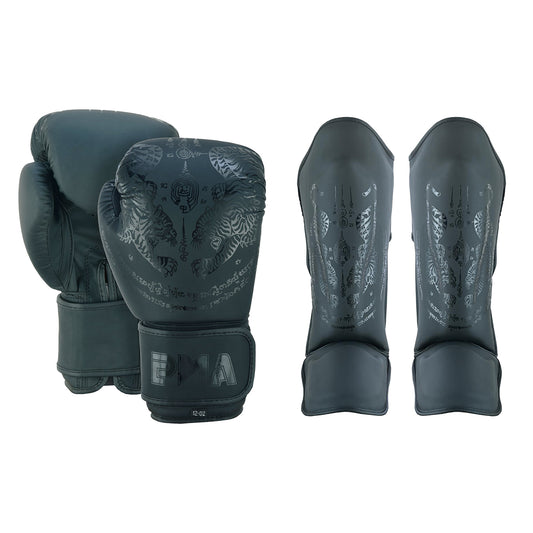 Kids Twin Tigers Muay Thai Boxing Gloves & Shin Pads Set - Black