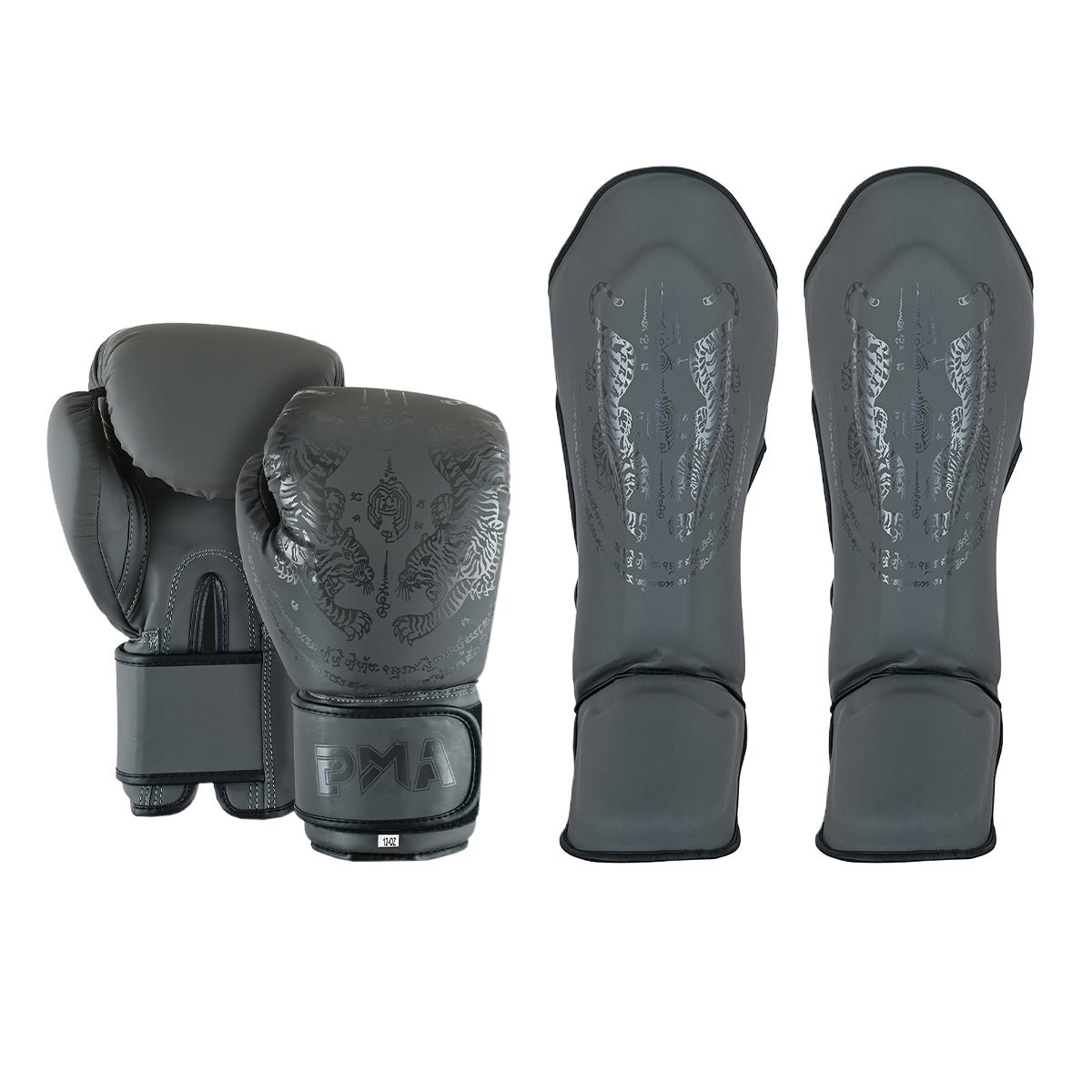PMA Twin Tigers Muay Thai Boxing Gloves & Shin Pads Set - Grey