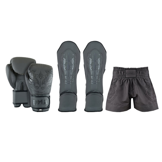 Twin Tigers Muay Thai Boxing Gloves, Shin Pads & Shorts - Grey