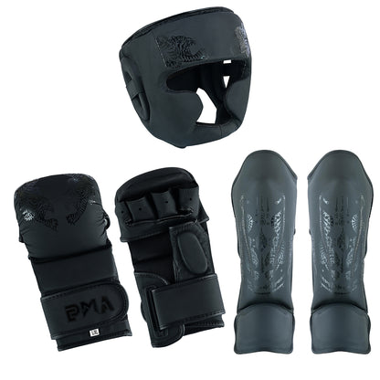 Twin Tigers MMA Sparring Headguard, Gloves & Shin Pads - Black