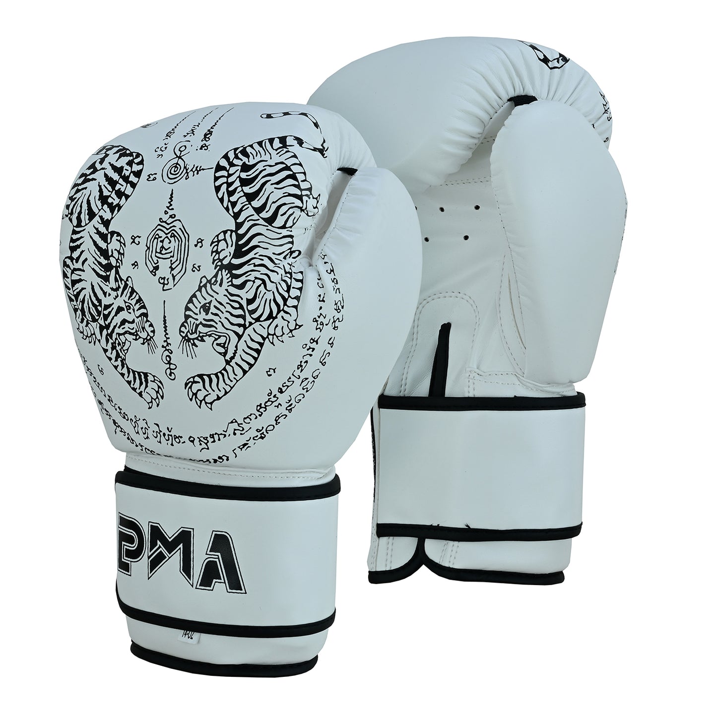 مجموعة قفازات وواقيات الساق للملاكمة التايلاندية من PMA Twin Tigers - أبيض