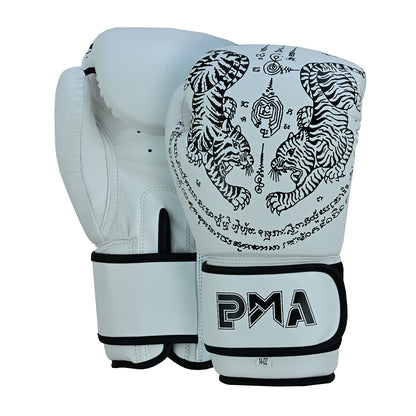 PMA Twin Tigers Muay Thai Boxing Gloves & Shin Pads Set - White