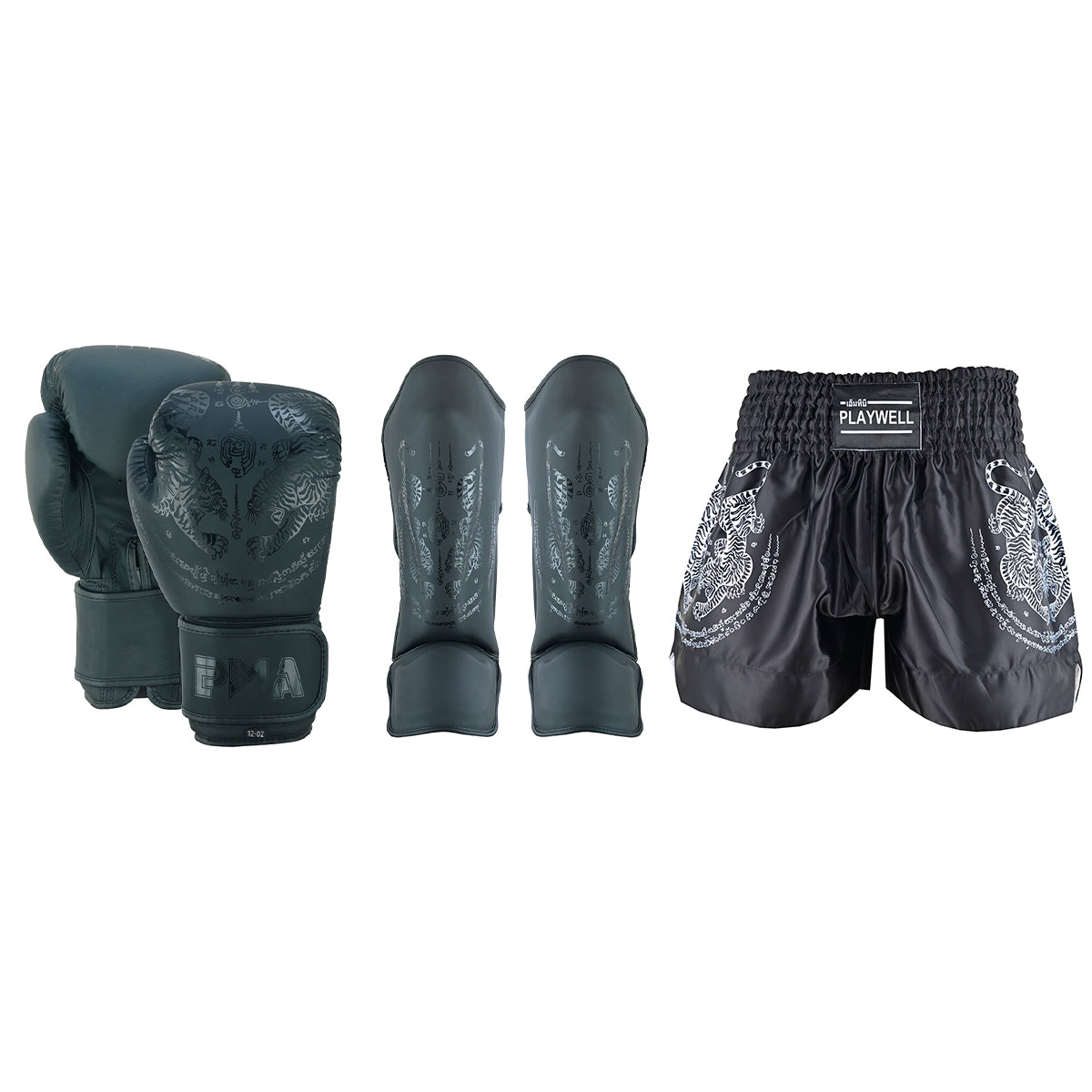 Twin Tigers Muay Thai Boxing Gloves, Shin Pads & Shorts - Black