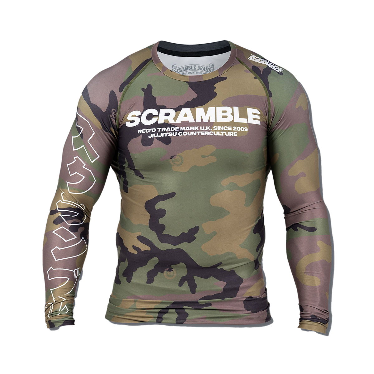 Scramble Base Woodland Camo Long Sleeve Rash Guard