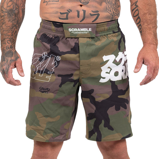 Scramble Base Woodland Camo Grappling Fight Shorts