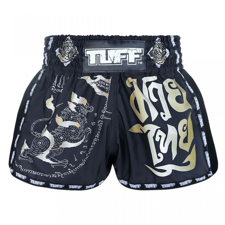 TUFF Retro Black Singha Yantra War Flag Muay Thai Shorts