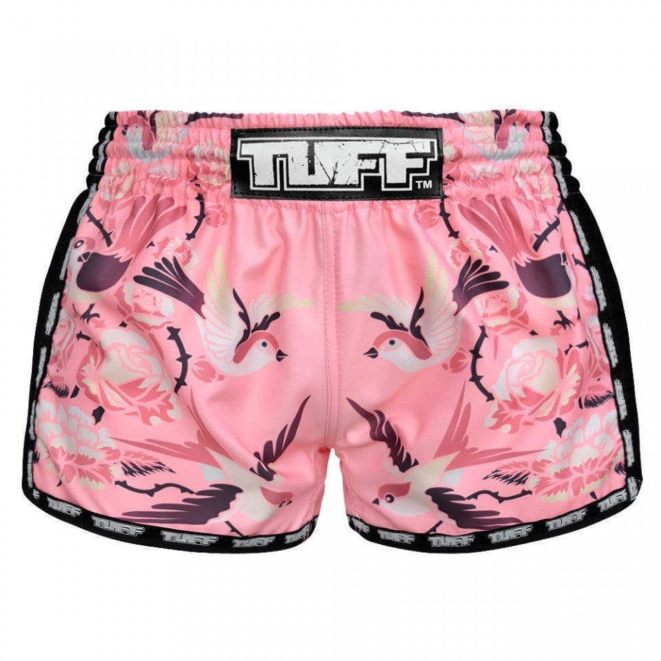 TUFF Retro Ladies Pink Birds With Roses Muay Thai Shorts