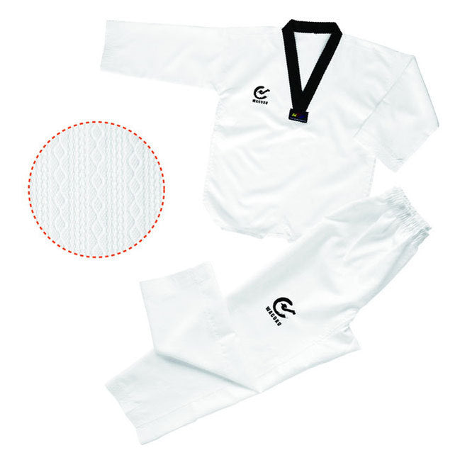 WT Wacoku Approved Taekwondo Black V Neck Suit - ( Curl Pattern)