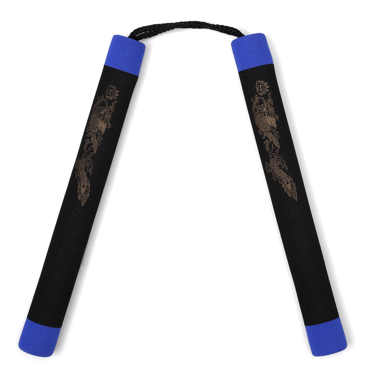 NR-005D: Foam Nunchaku with Cord Black Dragon With Blue Tips