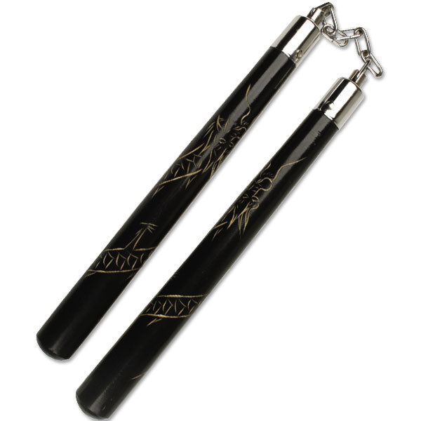 Deluxe Black Oak Carved Dragon Nunchucks B.B - C118