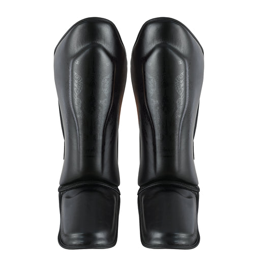 MMA/Muay Thai Twin Tiger Leather Shin Instep Guards - Black