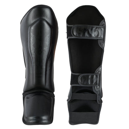 MMA/Muay Thai Twin Tiger Leather Shin Instep Guards - Black
