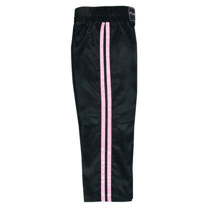 Kids Full Contact Black Satin Kickboxing Pants With Stripes