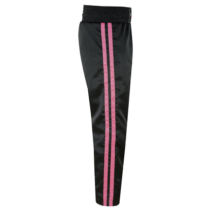 Ladies Black Satin Kickboxing Trouser - With 2 Pink Stripes